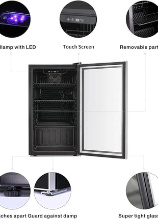 Antarctic Star 26 Bottle 130 Can Wine Cooler/Cabinet Beverage Refrigerator Mini Wine Cellar Beer Soda Clear Glass Door Bar Fridge Quiet Compressor Adjust Temp Freestanding 3.2cu.ft Black