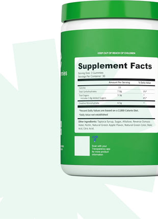 Creatine Monohydrate Gummies for Men & Women   Boost Focus, Strength, and Endurance, Anti Melting Formula, Vegan, Gluten Free, Non GMO, 1.5 Gram Creatine per Gummy (Sour Green Apple, 90 ct)