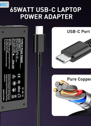 Universal 65W USB C Laptop Charger Compatible with Lenovo,HP, Dell, Acer, Asus, Samsung, Google and More, for Office, School, and Family