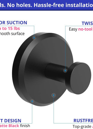 HOME SO Suction Cup Hooks for Shower & Bathroom Towel Holder 2-Pack – Suction Cups Hooks for Hanging Towels, Robes, & Coats - Tiles, Glass Door or Mirror – Shower Hooks & Towel Hooks Organizer - Black