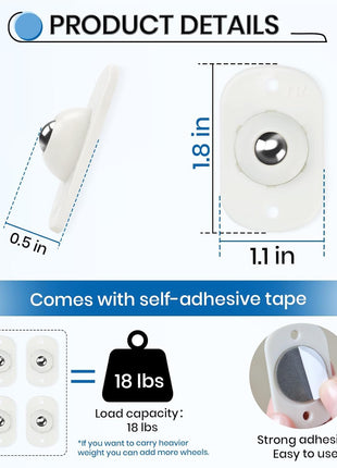 TRVL FIELDER Self Adhesive Caster Wheels, Appliance Rollers for Kitchen Appliances, 360° Swivel Mini Universal Wheel Roller Casters, Sticky Pulley for Trash Can, Appliance Slider (8, White-Swivel)