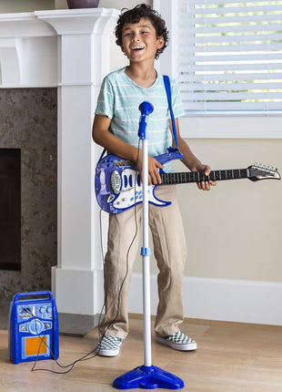 Best Choice Products Toy Kids Guitar Play Set Bundle, Pretend Play Toddler Electric Guitar Kit with Interactive Microphone, Amp, Whammy Bar, 6 Demo Songs and 2 Sticker Sheets - Blue