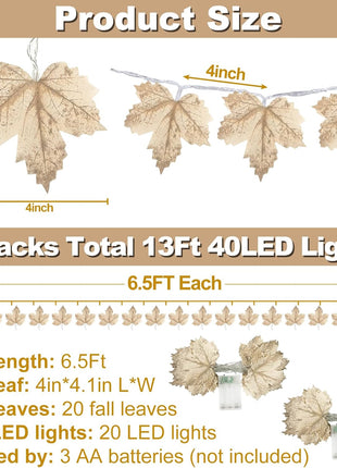 Timer   2 Pack Fall Decor Fall Garland with Lights Fall Decorations for Home, Lighted Maples Leaves Garland Total 13Ft 40LED Battery Operated Halloween Thanksgiving Decor Home Indoor Outdoor Christmas