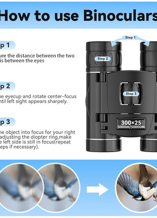 300x25 Binoculars for Adults and Kids, High Powered Mini Pocket Binoculars with Phone Adapter, Waterproof Compact Telescope for Bird Watching, Hunting, Concert, Theater, Opera, Traveling, Sightseeing