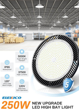ELEKICO Super Bright 250w UFO LED High Bay Light 35000lm with Plug 5ft Cable (Eqv.1000w Mh/Hps/Hid),5000k High Bay Led Shop Lights Garage Lighting for Garage Factory Workshop Warehouse Barn -6pack