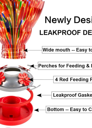WOSIBO Hummingbird Feeder for Outdoors Patio Large 32 Ounces Colorful Hand Blown Glass Hummingbird Feeder with Ant Moat Hanging Hook, Rope, Brush and Service Card (RED-Firework)