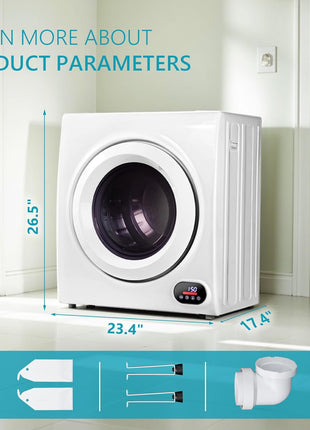 Euhomy Compact Laundry Dryer, 3.5 cu ft Front Load Stainless Steel Clothes Dryers With Exhaust Pipe, 1500W, LCD Control Panel Four-Function Portable Dryer For Apartments, Home, Dorm, White