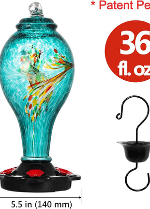 LUJII Hummingbird Feeder, Hand Blown Glass Hummingbird Feeder, Never Fade, 36 Fluid Ounces, 5 Feeding Metal Stations, Much Bigger, Garden Backyard Decorative, Containing Ant Moat (Blue)