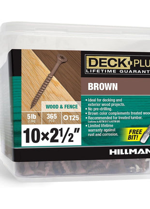 Deck Plus 2-1/2 Inch Epoxy Coated Exterior Wood and Fence Screws #10 x 2-1/2 inch Torx/Star Drive Included Coarse Thread, Outdoor Rust Resistant Decking Screw, Brown, 5 lb Box, 365 Pieces | 49007