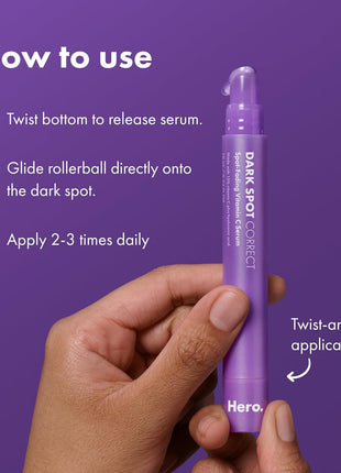 Hero Cosmetics Dark Spot Correct Spot-Fading 15% Vitamin C plus Hyaluronic Acid Serum. Improves the Look of Post Blemish Marks in 7 Days. Twist Applicator and Rollerball Tip for Easy Application. 10mL