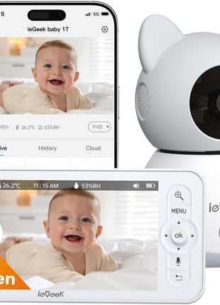 ieGeek Baby Monitor with 5inch HD Screen, 2K Camera & Night Vision – WiFi/No-WiFi Dual Mode, PTZ, Cry/Motion Detection, 2-Way Audio, Temp/Humidity Sensor, Auto Tracking, Secure App & Remote Contro