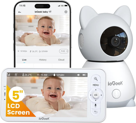 ieGeek Baby Monitor with 5inch HD Screen, 2K Camera & Night Vision – WiFi/No-WiFi Dual Mode, PTZ, Cry/Motion Detection, 2-Way Audio, Temp/Humidity Sensor, Auto Tracking, Secure App & Remote Contro
