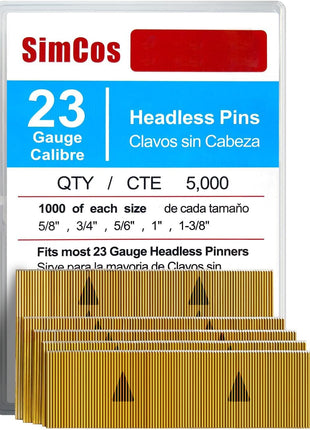 23 Gauge Headless Pin Nails 5/8",3/4",5/6",1",1-3/8", 5000-Pack | For All 23GA Pneumatic and Electric Pinner Pin Guns,Ideal for Cabinet, Molding, DIY Crafts & Wood Decoration