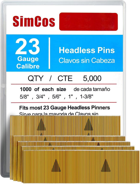 23 Gauge Headless Pin Nails 5/8",3/4",5/6",1",1-3/8", 5000-Pack | For All 23GA Pneumatic and Electric Pinner Pin Guns,Ideal for Cabinet, Molding, DIY Crafts & Wood Decoration