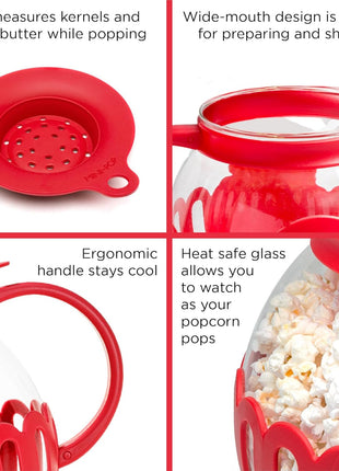 Ecolution Patented Micro-Pop Microwave Popcorn Popper with Temperature Safe Glass, 3-in-1 Lid Measures Kernels and Melts Butter, Made Without BPA, Dishwasher Safe, 3-Quart, Red
