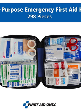 First Aid Only 299 Piece All-Purpose Emergency First Aid Kit for Home, Office, Car, Apartment, Dorm, and Camping, Travel-Friendly Compact Pouch Fits in Backpacks, Suitcases, Cabinets, and Drawers