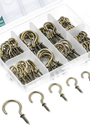 EIENHOSHI 105 Pcs Screw Hooks, 6 Sizes Bronze Cup Hooks, Screw Hooks for Hanging, Metal Cup Hooks Screw in (1/2", 5/8", 3/4", 7/8", 1'', 1-1/4")