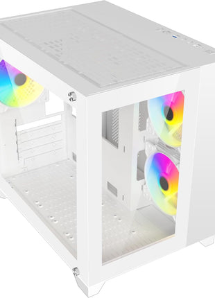 DIYPC ARGB-Q3.R2-W White USB3.0 / Type C Tempered Glass Micro ATX Gaming Computer Case w/Dual Tempered Glass Panel and 3 x ARGB Fans (Pre-Installed)