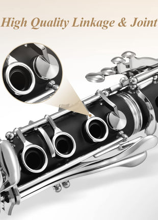 Eastar B Flat Clarinet for Beginner, Ebonite Clarinet Nickel-plated with 2 Barrels, 3 Reeds, White Gloves, Hard Case, Cleaning Kt, ECL-300