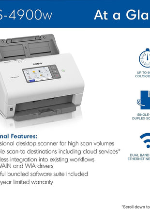 Brother ADS-4900W Professional Desktop Scanner with Fast Scan Speeds, Duplex, Wireless, and Large Touchscreen