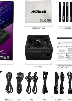 ASRock Phantom Gaming PG-1000G 1000W Power Supply Individual Braided Pattern 10 Years Warranty Enthusiast Gamers Fully Modular Japanese Capacitor 80 Plus Gold Cybenetics ATX3.1 PCIe5.1 12V-2x6 Cable