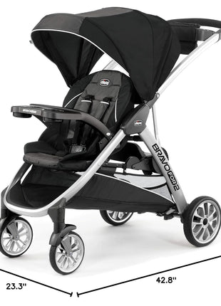 Chicco BravoFor2 Double Stroller for Infant and Toddler, Sit or Stand | Iron/Black, baby stroller with 5-point harness, Chicco car seat compatible, toddler standing platform, one-hand fold
