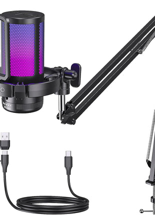 MAONO Gaming USB Microphone, Noise Cancellation Condenser Mic with Mute, Gain, Monitoring, Boom Arm Mic for Streaming, Podcast, Twitch, YouTube, Discord, PC, Computer, PS4, PS5, Mac, GamerWave DGM20S