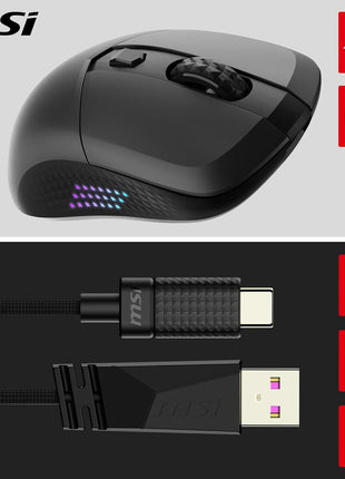 msi Versa 300 Elite Wireless Gaming Mouse - 26000 DPI Optical Sensor, 1000 Hz Polling Rate, Symmetrical, 60M+ Click OMRON Switches, 6 Buttons, 200-Hour Battery, 1ms Latency, RGB, 65g - Wired/Wireless