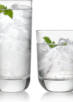 Libbey Ascent Tumbler & Rocks Drinking Glasses Set of 16, Clear Glass Cups | 16.25 oz & 12.25 oz Capacities Glasses for Water, Juice, Cocktails, and More with Curved Design and Dishwasher-Safe Care