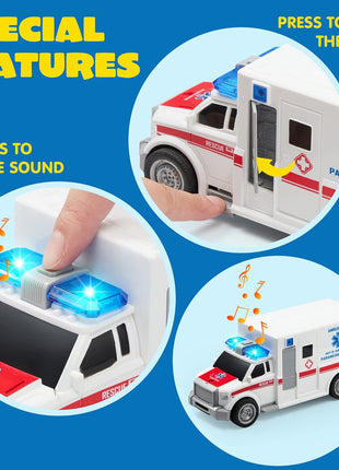 JOYIN 4 Packs Emergency Vehicle Toy Playsets, Friction Powered Vehicles with Light and Sound, Including Fire Truck, Ambulance, Play Police Car and Helicopter, Toddler Kids Boys Gifts