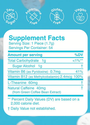Neuro Energy & Focus Gum, Peppermint, 54 Count | 40mg Natural Caffeine Gum, 60mg L-Theanine, Vitamin B6 + B12, Sugar Free, Vegan, Clean Nootropic Energy & Focus Supplement