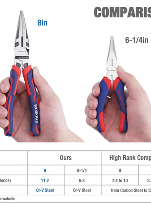 WORKPRO Premium 8" Needle Nose Pliers, Paper Clamp Precision, Heavy-Duty CRV Steel, Large Soft Grip with Wire Cutter, Long Nose Cutting Pliers, W031269