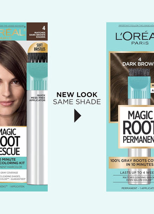 L'Oreal Paris Magic Root Rescue 10 Minute Root Hair Coloring Kit, Permanent Hair Color with Quick Precision Applicator, 100 percent Gray Coverage, 4 Dark Brown, 2 count