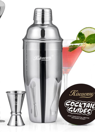 Cocktail Shaker, KITESSENSU 24oz Drink Shaker with Bartender Strainer, Measuring Jigger, Bar Mixing Spoon, Cocktail Recipe Guide, Professional Drink Mixer Set for Beginners, Silver