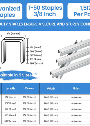 meite T50 Staples, 3/8 Inch Staples for Staple Gun, Heavy Duty Galvanized Staples, 20 Gauge 3/8" Crown, Compatible with T50 Staple Gun, Ideal for Upholstery, Construction, Furniture (1,512 Counts)