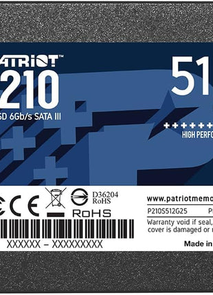 Patriot P210 512GB Internal SSD - SATA 3 2.5" - Solid State Drive - P210S512G25 | Form factor: 2.5"; Interface: SATA 3.
