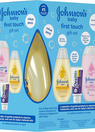 Johnson's First Touch Baby Gift Set, Baby Bath, Skin & Hair Essential Products, Kit for New Parents with Wash & Shampoo, Lotion, & Diaper Rash Cream, Hypoallergenic & Paraben-Free, 4 items