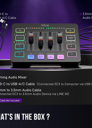 FIFINE Gaming Audio Mixer, Streaming RGB PC Mixer with XLR Microphone Interface, Individual Control, Volume Fader, Mute Button, 48V Phantom Power, for Podcast/Recording/Vocal/Game Voice-AmpliGame SC3