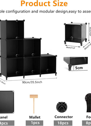 AWTATOS Cube Storage Organizer, Storage Cubes Shelves Bookshelf, 6 Cube Closet Organizers and Storage, DIY Stackable Plastic Clothes Organizer Shelving for Bedroom, Home, Black