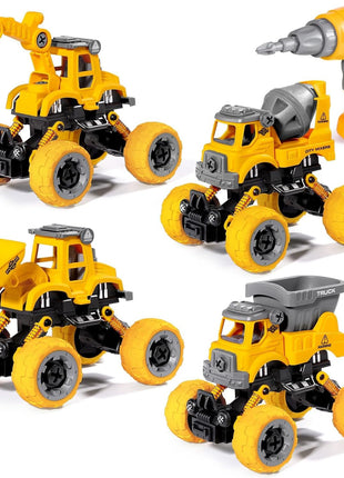 LUDILO Take Apart Construction Toys for 4 Year Old Boys Gifts Toys Age 4-6 | 4PCS Excavator Toy with Electric Drill/Kids Toy Boys 3-5/Building Learning Stem Toys for 3 4 5 6 7 Year Old Boy Birthday Gift