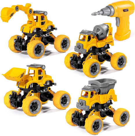 LUDILO Take Apart Construction Toys for 4 Year Old Boys Gifts Toys Age 4-6 | 4PCS Excavator Toy with Electric Drill/Kids Toy Boys 3-5/Building Learning Stem Toys for 3 4 5 6 7 Year Old Boy Birthday Gift