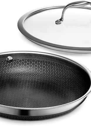 HexClad 10 Inch Hybrid Nonstick Frying Pan with Lid, Stay-Cool Handle, Dishwasher and Oven Safe, Induction Ready, Frying Pan Skillet Compatible with All Cooktops