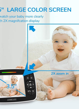 ANMEATE Baby Monitor with Remote Pan-Tilt-Zoom Camera,Large Display Video Baby Monitor with Camera and Audio |Infrared Night Vision |Two Way Talk | Room Temperature| Lullabies and 960ft Range(Black1)