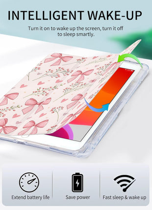 Case for iPad 9th/ 8th/ 7th Generation Case 10.2 Inch (2021/2020/2019 Release), Slim Trifold Clear Back Transparent Cover with Pencil Holder & Auto Sleep/Wake Cover,Bow Heart Floral Print