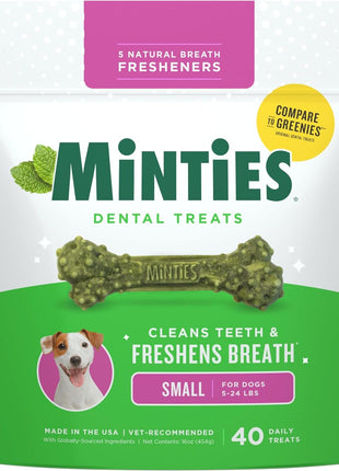 Minties Dental Chews for Dogs, 40 Count, Vet-Recommended Mint-Flavored Treats for Tiny/Small Dogs 5-24 lbs, Dental Bones Clean Teeth, Fight Bad Breath, and Removes Plaque and Tartar