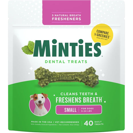 Minties Dental Chews for Dogs, 40 Count, Vet-Recommended Mint-Flavored Treats for Tiny/Small Dogs 5-24 lbs, Dental Bones Clean Teeth, Fight Bad Breath, and Removes Plaque and Tartar