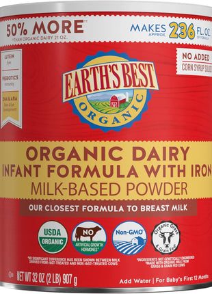 Earth's Best Organic Baby Formula for Babies 0-12 Months, Powdered Dairy Infant Formula with Iron, Omega-3 DHA, and Omega-6 ARA, 32 oz Formula Container