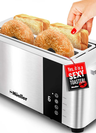 Mueller UltraToast Stainless Steel Toaster 4 Slice – Extra-Wide 1.6" Slots | For Artisan Bread, Bagels & Frozen Waffles, 6 Browning Levels, LED Display, Cancel/Defrost/Reheat, Removable Crumb Tray