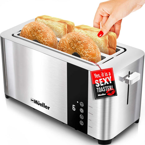 Mueller UltraToast Stainless Steel Toaster 4 Slice – Extra-Wide 1.6" Slots | For Artisan Bread, Bagels & Frozen Waffles, 6 Browning Levels, LED Display, Cancel/Defrost/Reheat, Removable Crumb Tray
