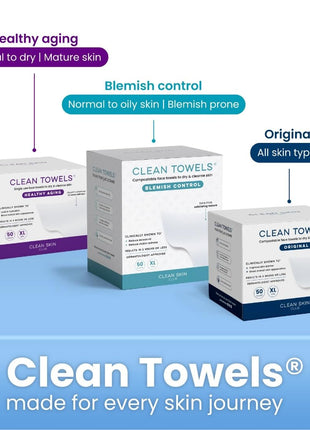 Clean Skin Club Clean Towels XLｮ, 100% USDA Biobased Face Towel, Disposable Face Towelette, Eczema Association Accepted, Makeup Remover Dry Wipes, Ultra Soft, 1 Pack, 50 Ct